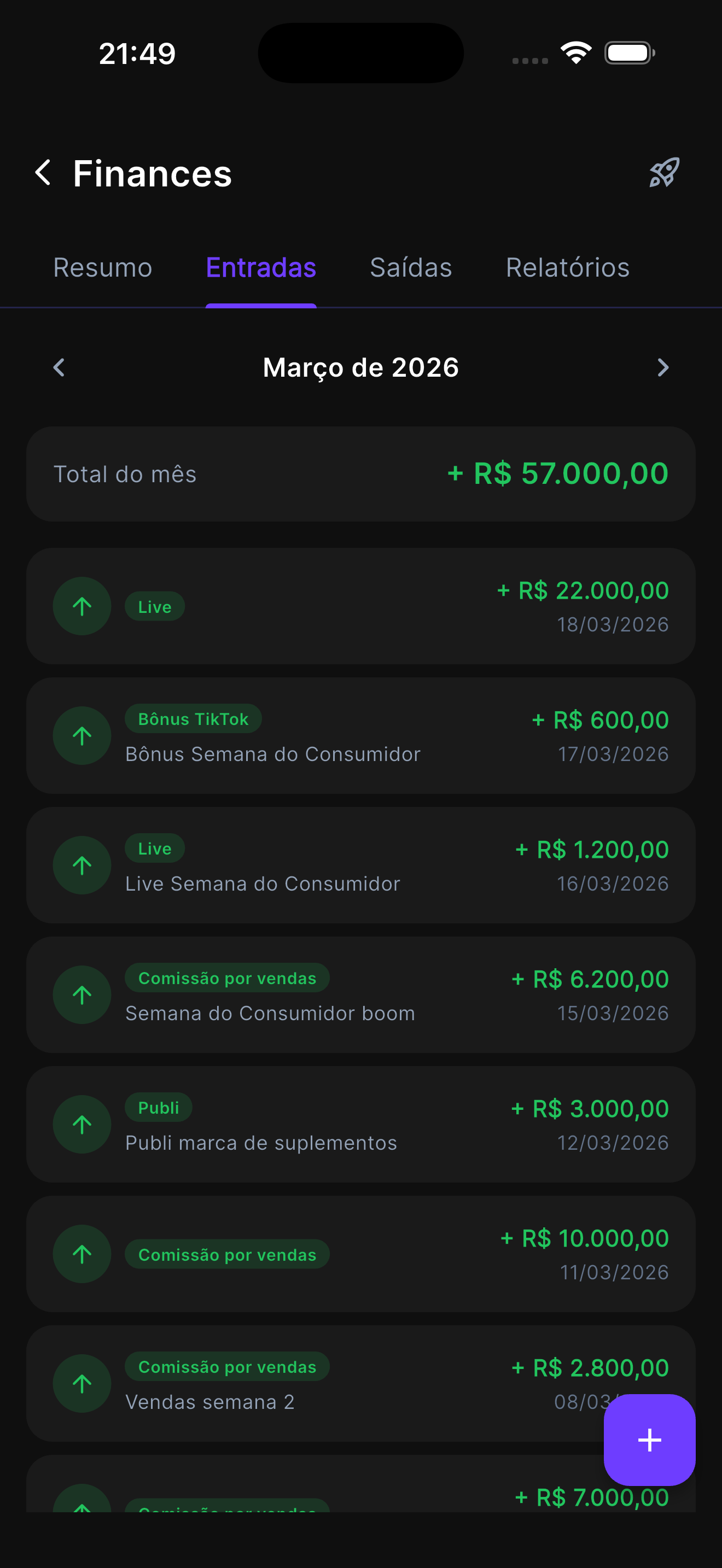 Tela de entradas financeiras