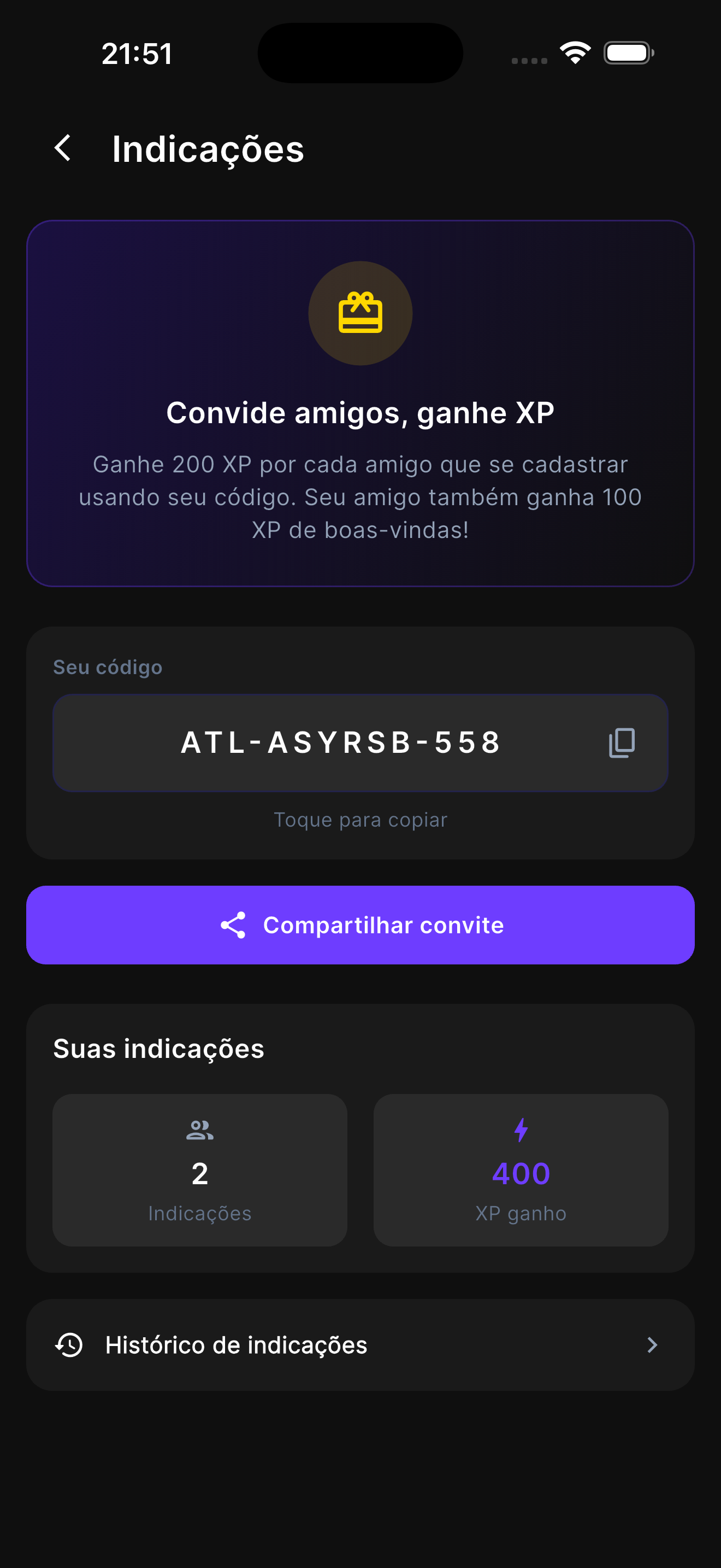 Tela de indicação e referral