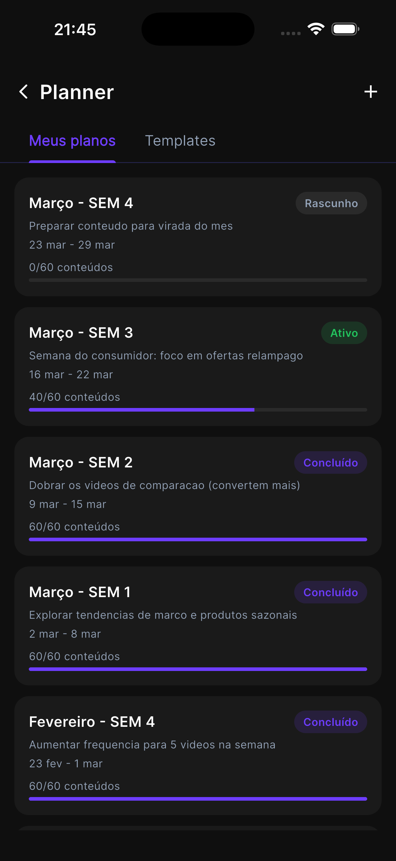 Lista de templates do Planner