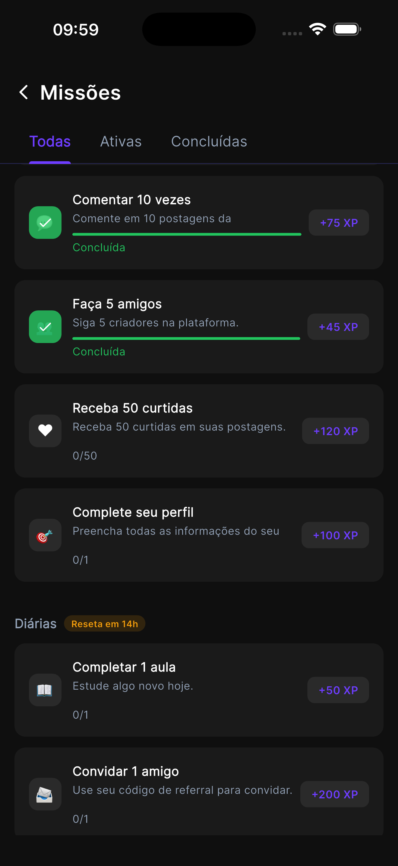 Tela de missões e progresso