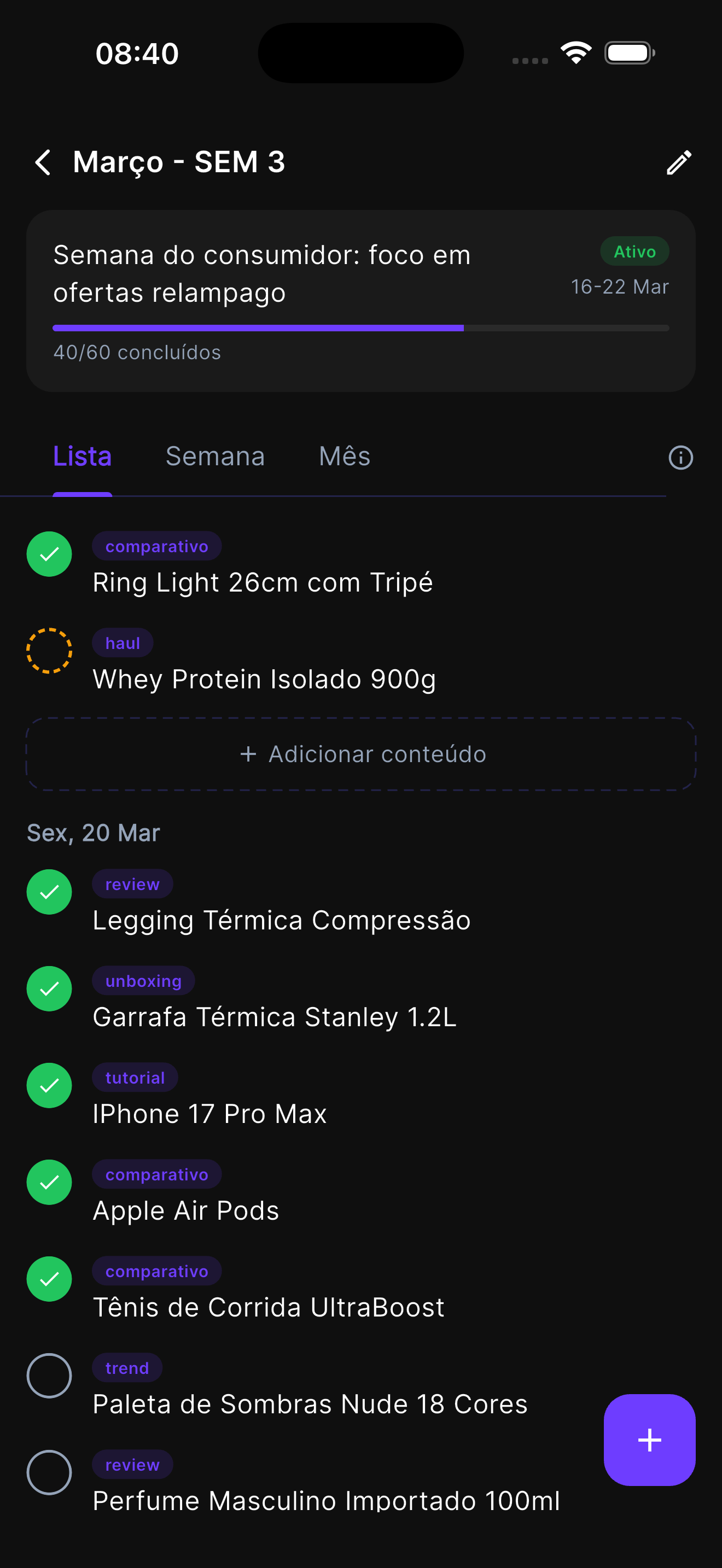 Tela do Content Planner
